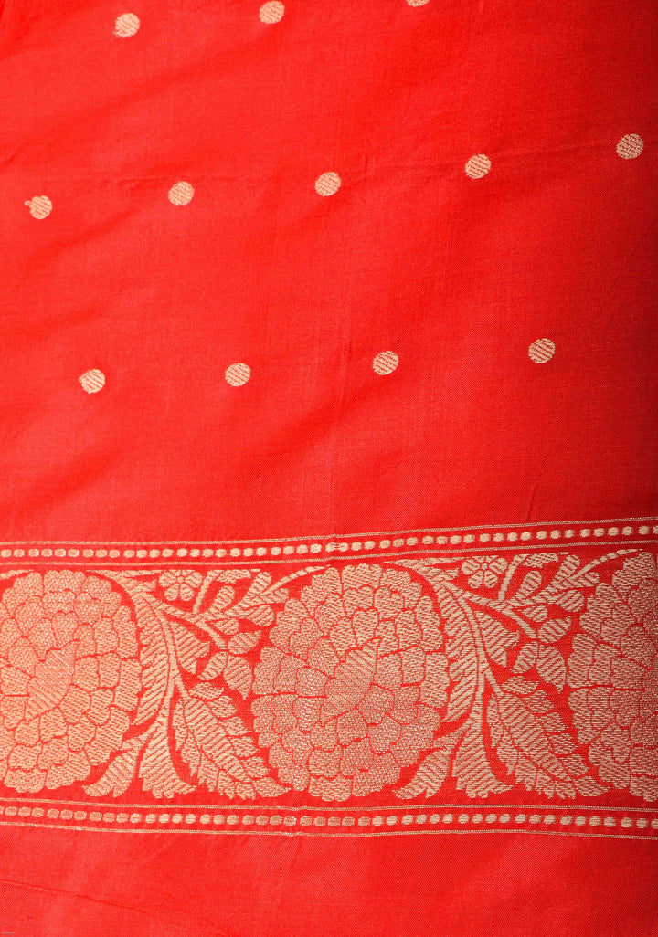 Peach Banarasi Katan Silk Saree with Intricate Zari Buttas and Ornate Red Border With Elongated Paisely Pallu | SILK MARK CERTIFIED