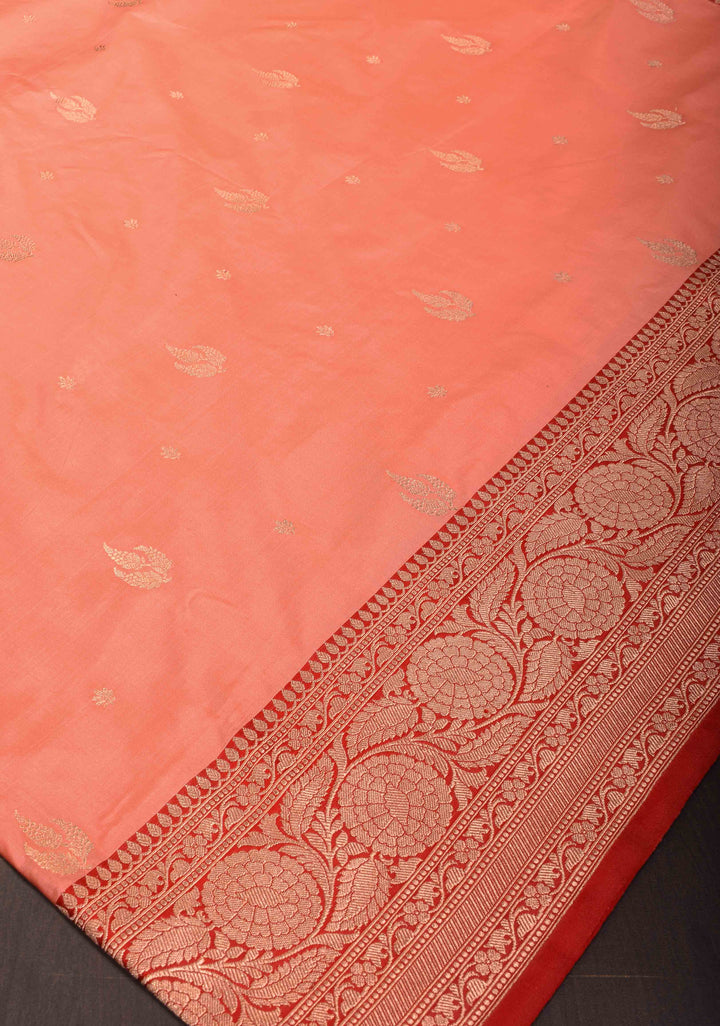 Peach Banarasi Katan Silk Saree with Intricate Zari Buttas and Ornate Red Border With Elongated Paisely Pallu | SILK MARK CERTIFIED