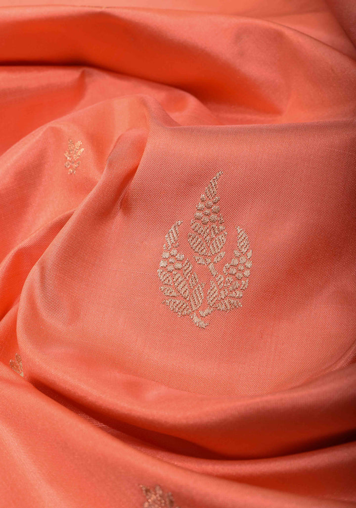 Peach Banarasi Katan Silk Saree with Intricate Zari Buttas and Ornate Red Border With Elongated Paisely Pallu | SILK MARK CERTIFIED