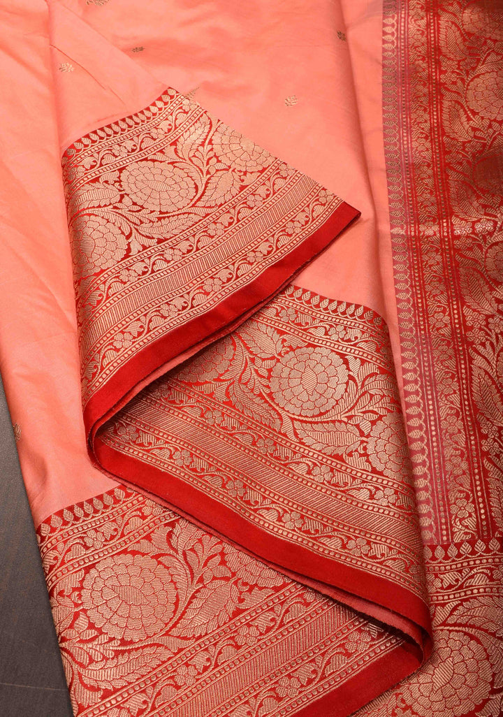 Peach Banarasi Katan Silk Saree with Intricate Zari Buttas and Ornate Red Border With Elongated Paisely Pallu | SILK MARK CERTIFIED