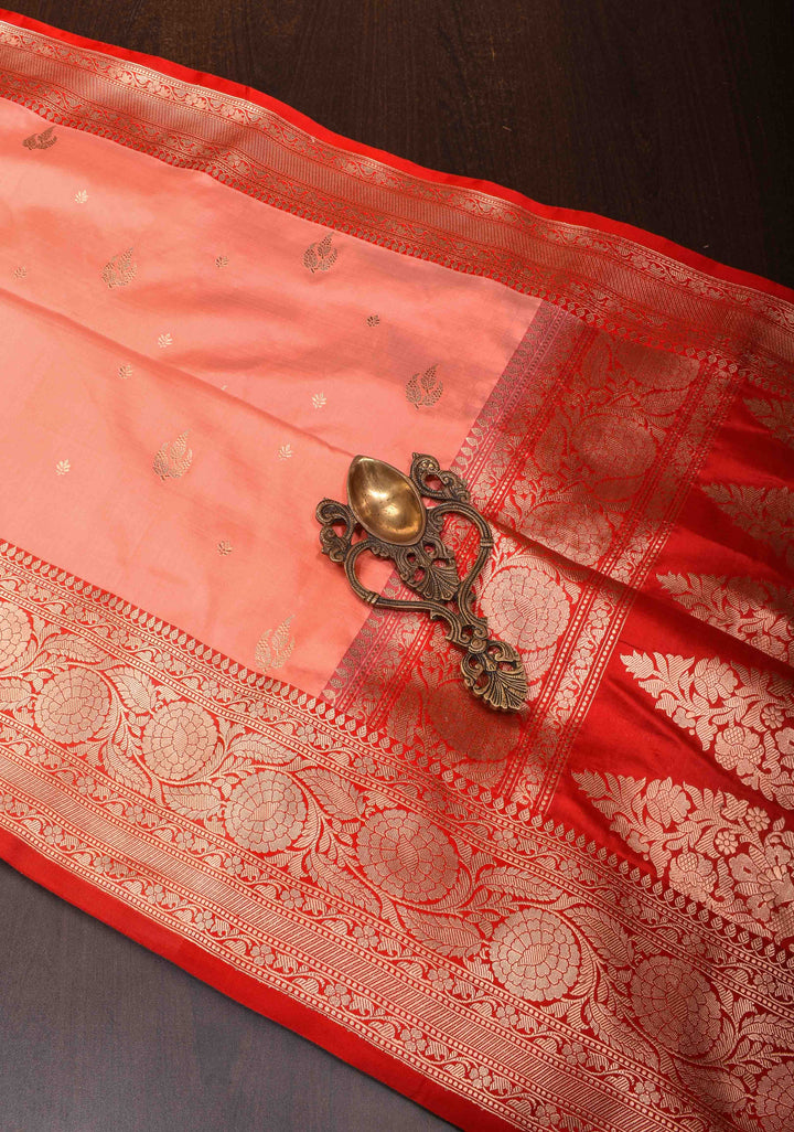 Peach Banarasi Katan Silk Saree with Intricate Zari Buttas and Ornate Red Border With Elongated Paisely Pallu | SILK MARK CERTIFIED