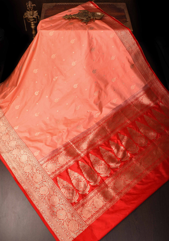 Peach Banarasi Katan Silk Saree with Intricate Zari Buttas and Ornate Red Border With Elongated Paisely Pallu | SILK MARK CERTIFIED