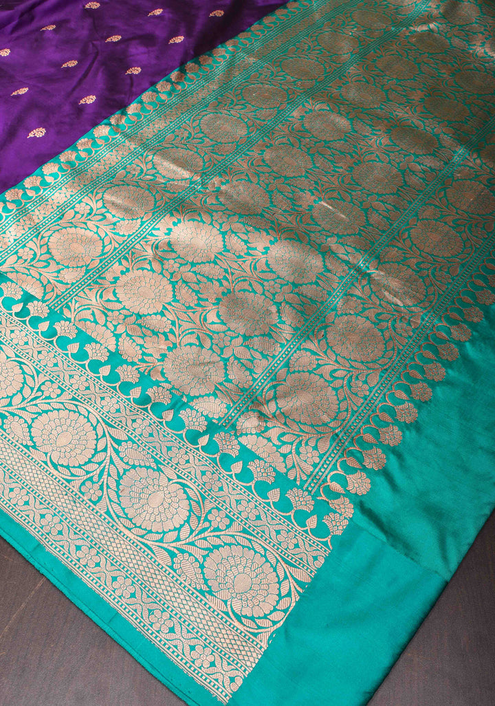 Banarasi Katan Silk Saree in Purple with Floral Buttis and Contrast Teal Borders | SILK MARK CERTIFIED