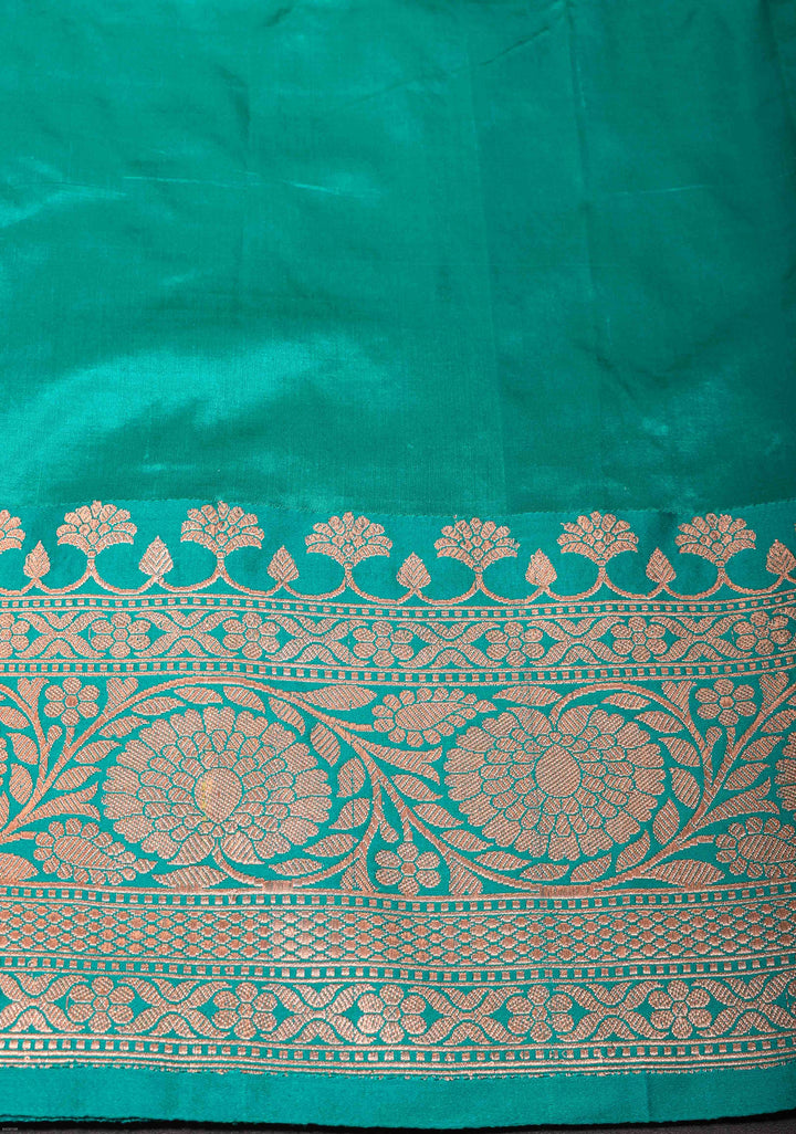 Banarasi Katan Silk Saree in Purple with Floral Buttis and Contrast Teal Borders | SILK MARK CERTIFIED