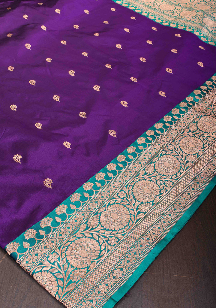 Banarasi Katan Silk Saree in Purple with Floral Buttis and Contrast Teal Borders | SILK MARK CERTIFIED