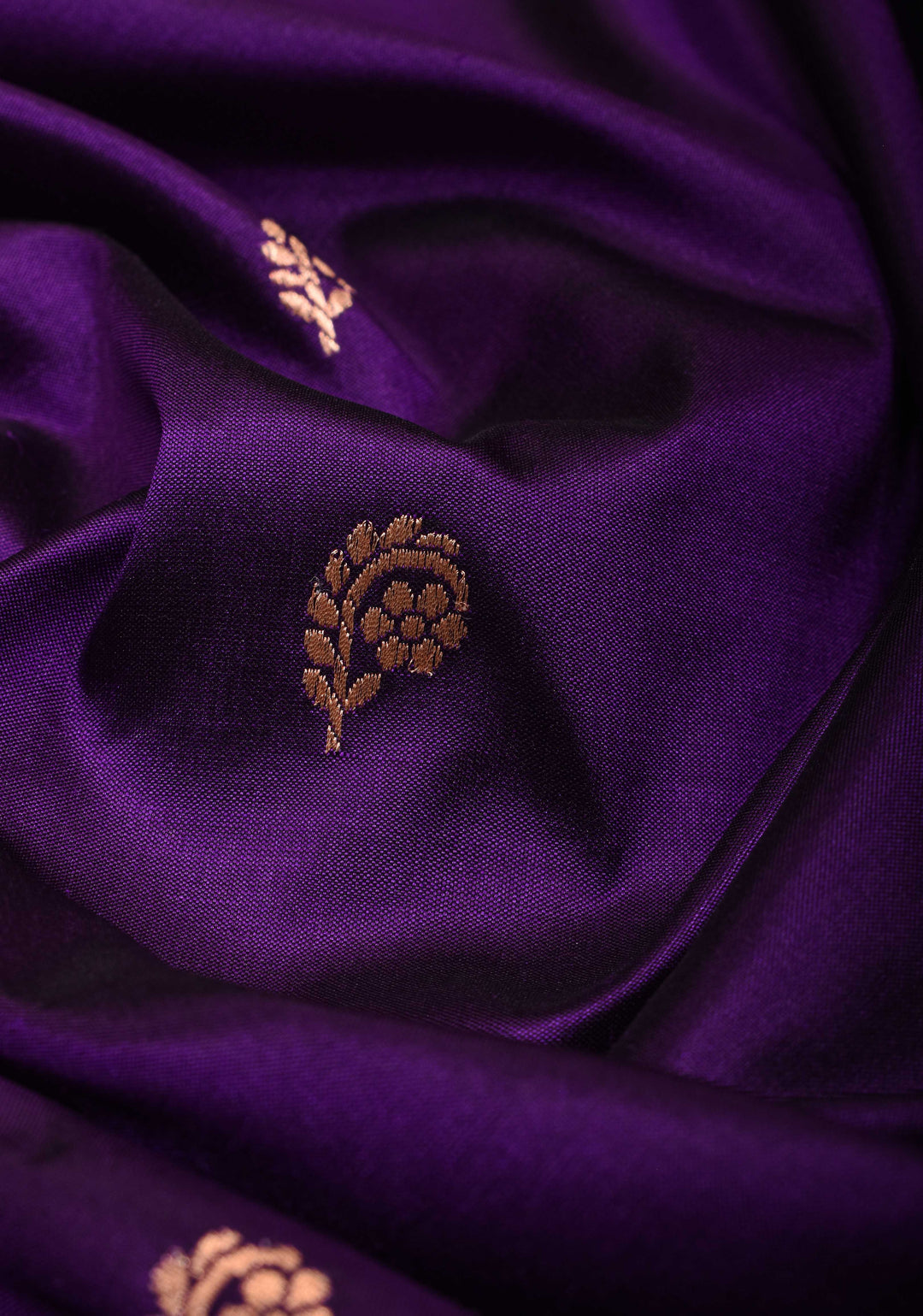 Banarasi Katan Silk Saree in Purple with Floral Buttis and Contrast Teal Borders | SILK MARK CERTIFIED