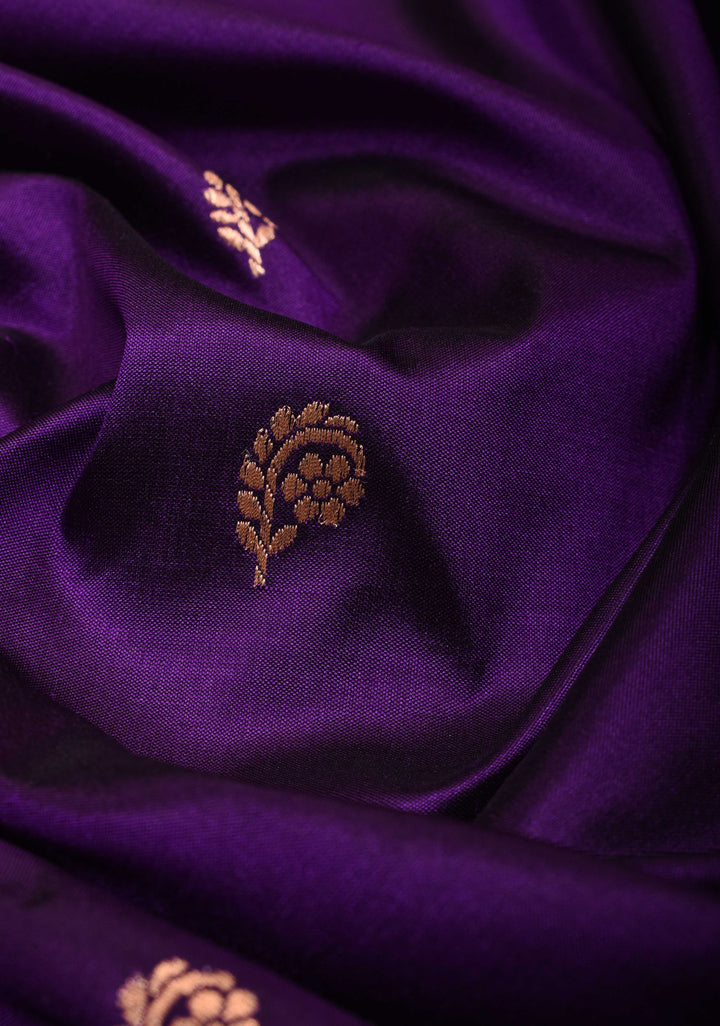 Banarasi Katan Silk Saree in Purple with Floral Buttis and Contrast Teal Borders | SILK MARK CERTIFIED
