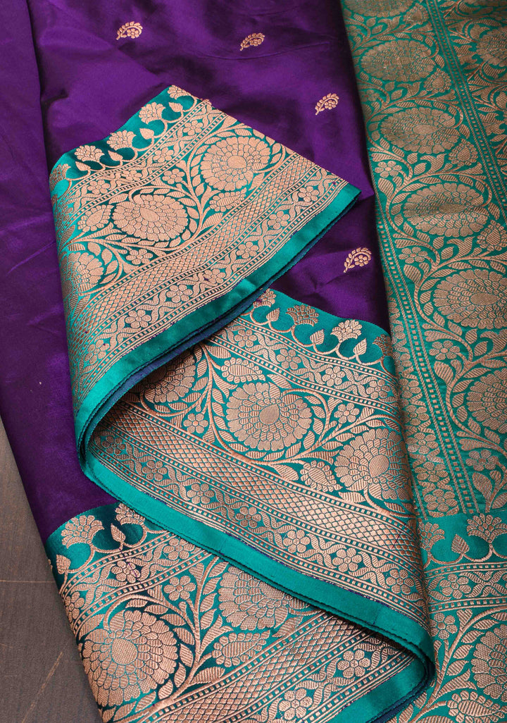 Banarasi Katan Silk Saree in Purple with Floral Buttis and Contrast Teal Borders | SILK MARK CERTIFIED