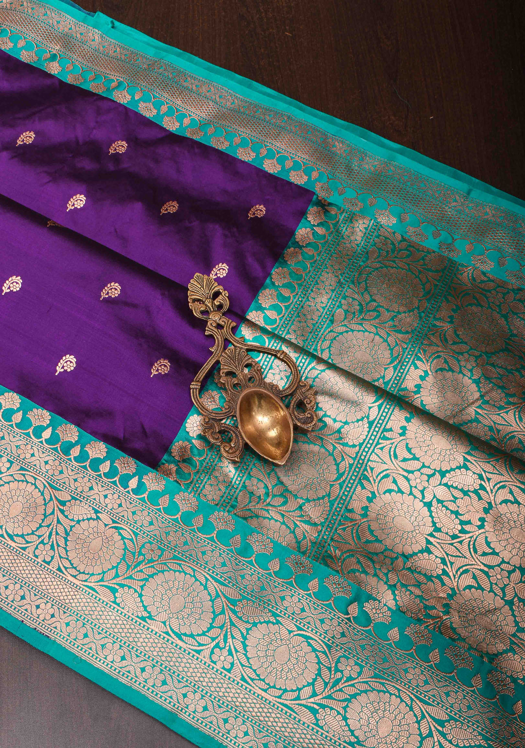 Banarasi Katan Silk Saree in Purple with Floral Buttis and Contrast Teal Borders | SILK MARK CERTIFIED