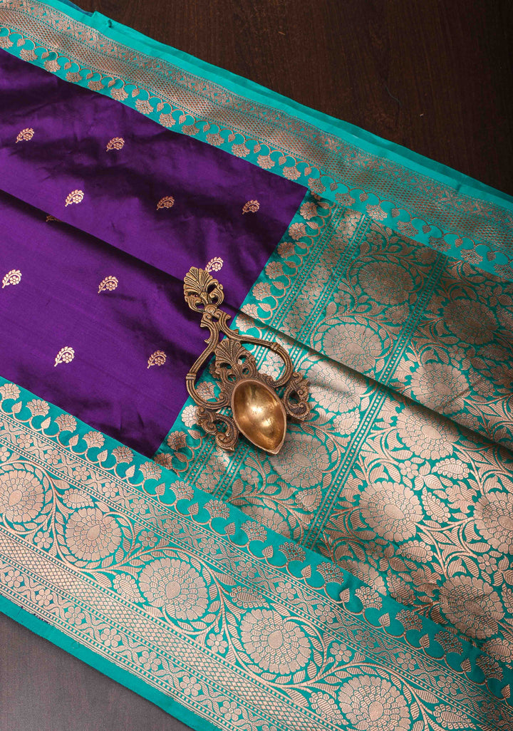 Banarasi Katan Silk Saree in Purple with Floral Buttis and Contrast Teal Borders | SILK MARK CERTIFIED