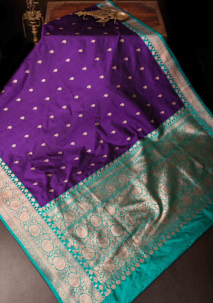 Banarasi Katan Silk Saree in Purple with Floral Buttis and Contrast Teal Borders | SILK MARK CERTIFIED