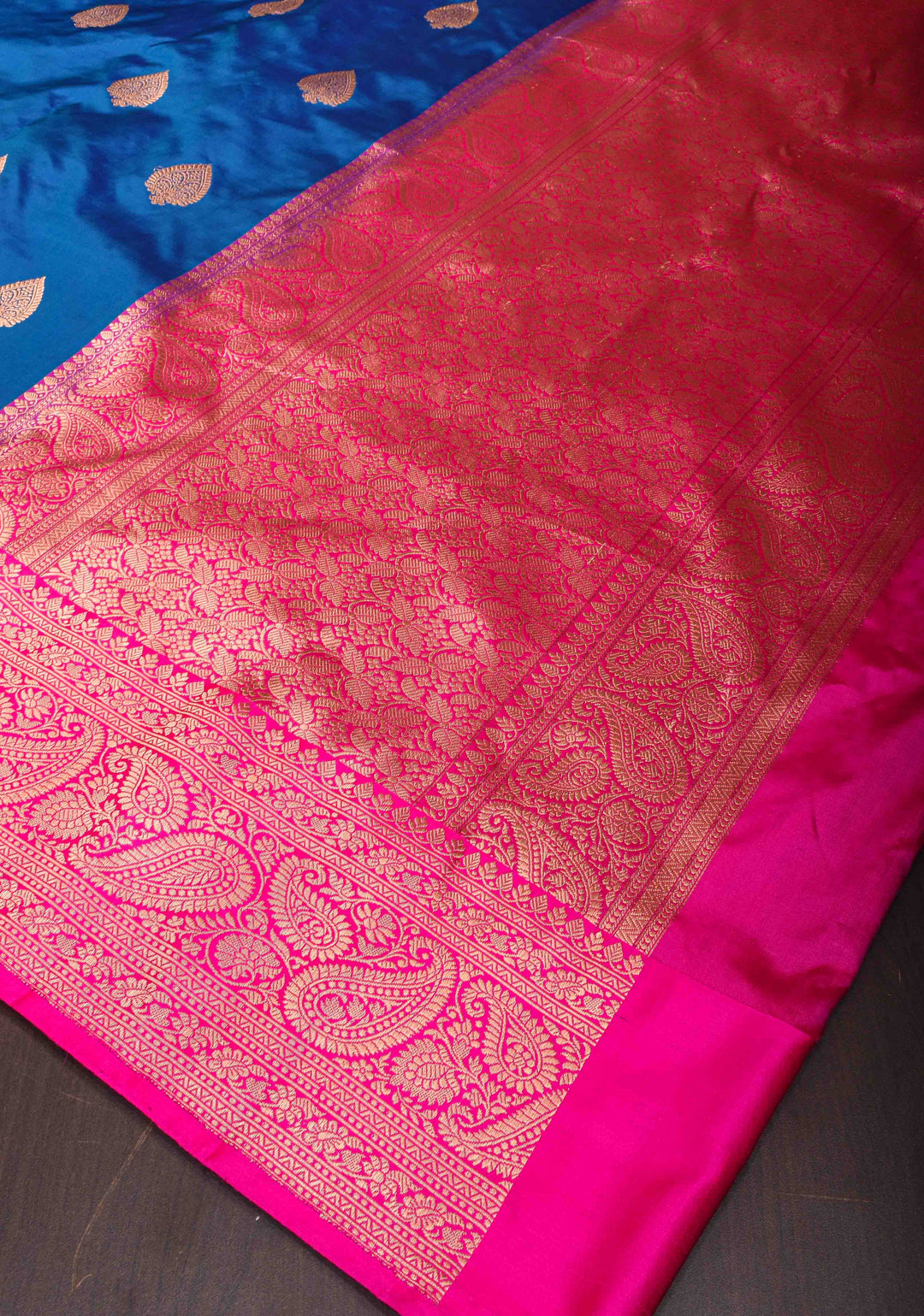 Royal Blue Banarasi Katan Silk Saree with Damask Motifs and Contrast Zari Border| SILK MARK CERTIFIED