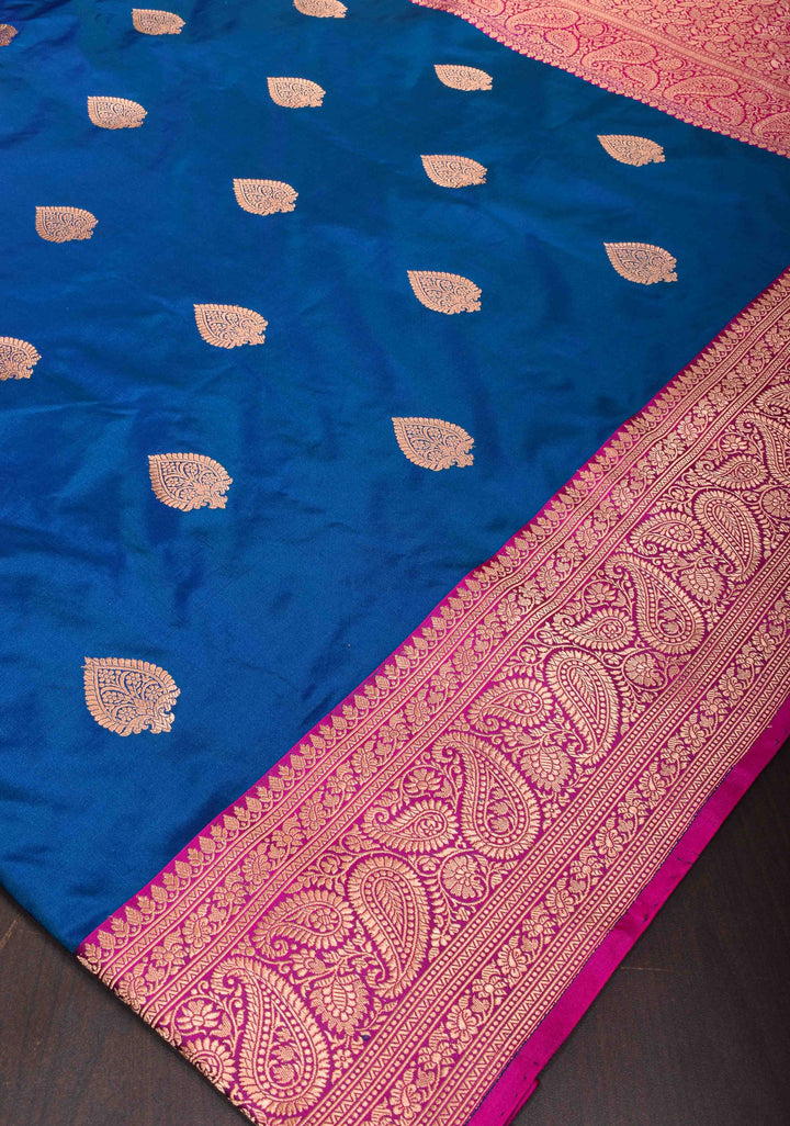 Royal Blue Banarasi Katan Silk Saree with Damask Motifs and Contrast Zari Border| SILK MARK CERTIFIED