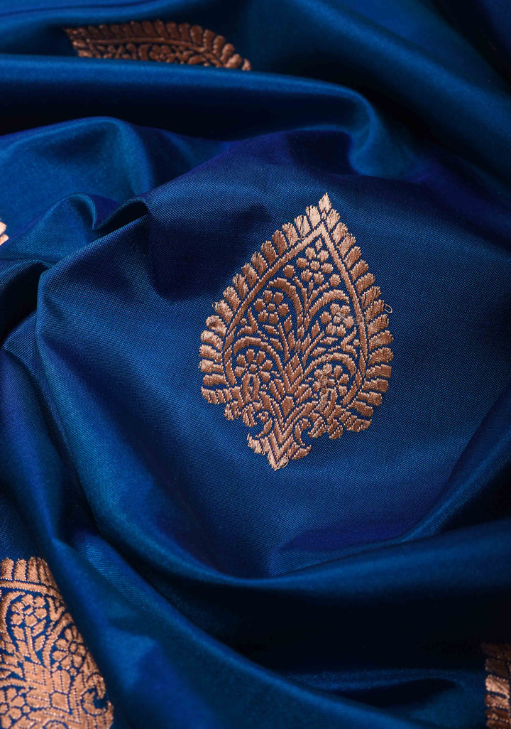 Royal Blue Banarasi Katan Silk Saree with Damask Motifs and Contrast Zari Border| SILK MARK CERTIFIED