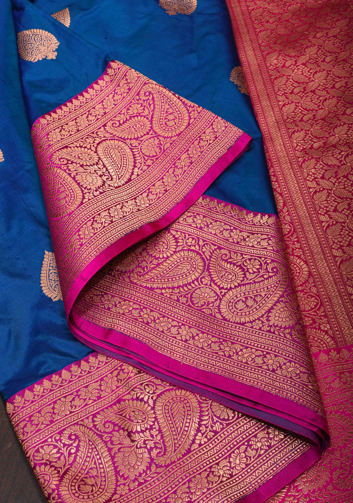 Royal Blue Banarasi Katan Silk Saree with Damask Motifs and Contrast Zari Border| SILK MARK CERTIFIED