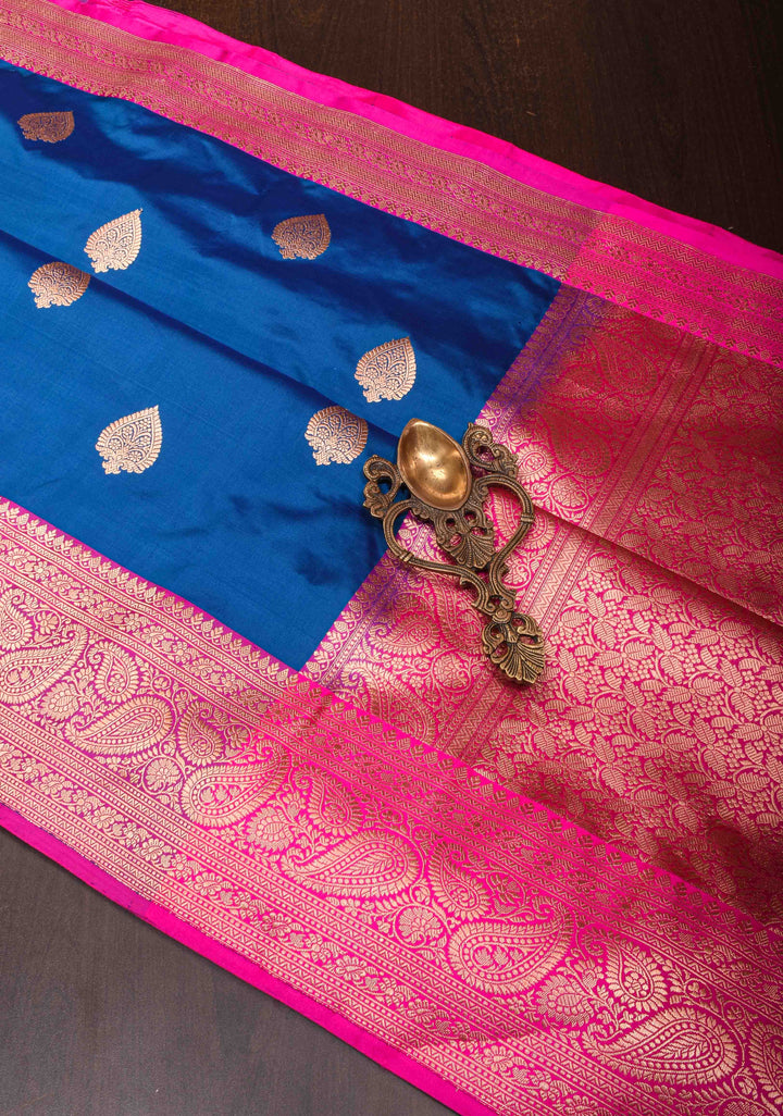 Royal Blue Banarasi Katan Silk Saree with Damask Motifs and Contrast Zari Border| SILK MARK CERTIFIED
