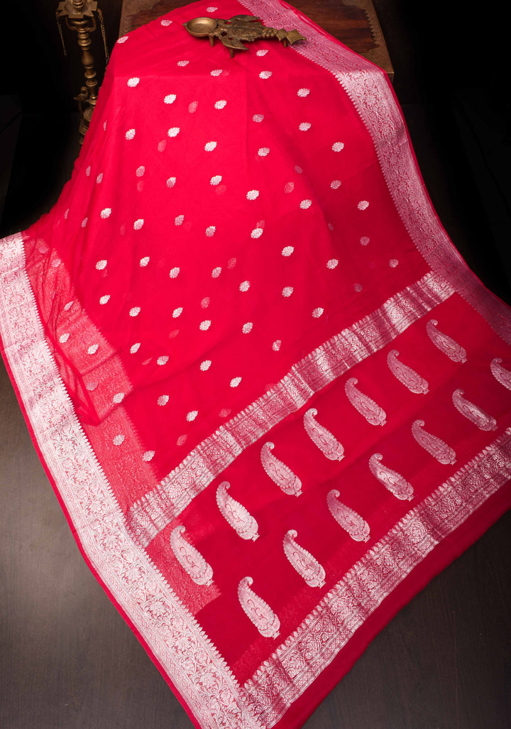 Red Banarasi chiffon Silk Saree with zari border and  Paisley Pallu | SILK MARK CERTIFIED