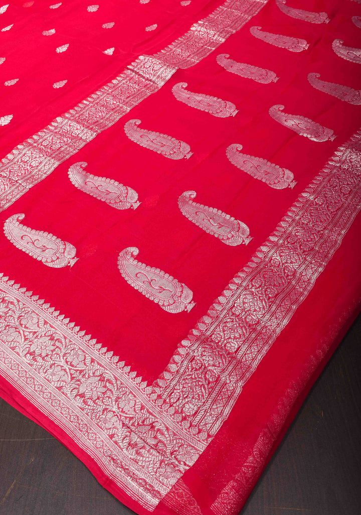 Red Banarasi chiffon Silk Saree with zari border and  Paisley Pallu | SILK MARK CERTIFIED