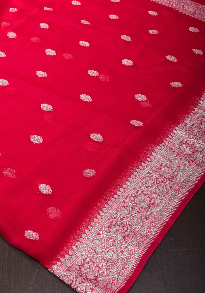 Red Banarasi chiffon Silk Saree with zari border and  Paisley Pallu | SILK MARK CERTIFIED