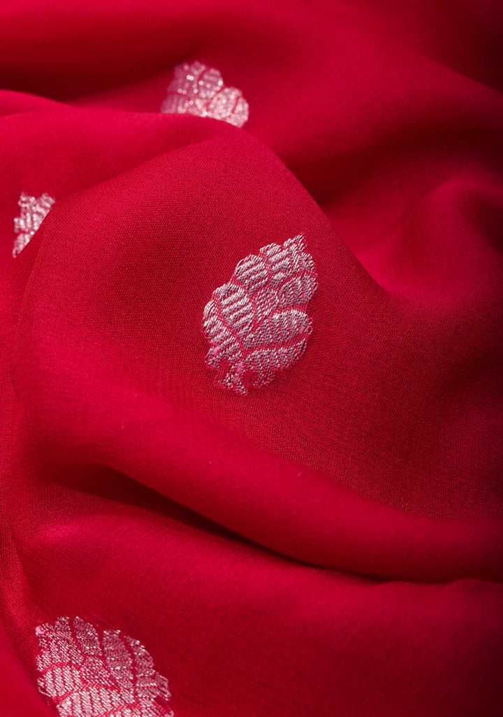 Red Banarasi chiffon Silk Saree with zari border and  Paisley Pallu | SILK MARK CERTIFIED