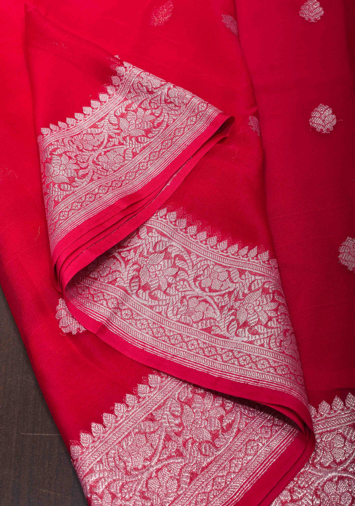 Red Banarasi chiffon Silk Saree with zari border and  Paisley Pallu | SILK MARK CERTIFIED