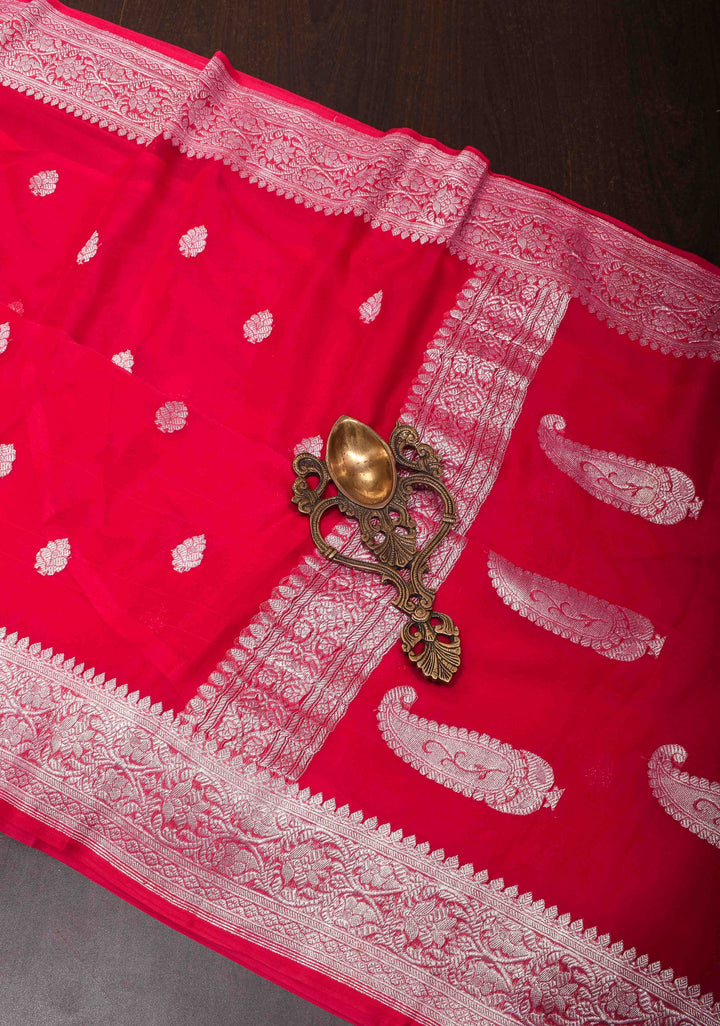 Red Banarasi chiffon Silk Saree with zari border and  Paisley Pallu | SILK MARK CERTIFIED