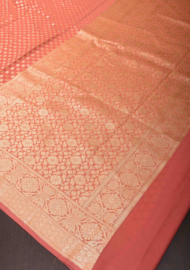 Salmon Pink Banarasi Georgette Silk Saree with Zari Buttis and Border | SILK MARK CERTIFIED