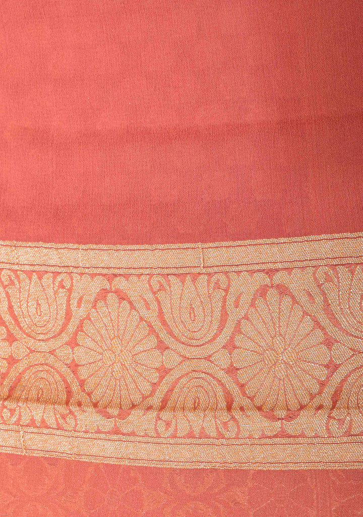 Salmon Pink Banarasi Georgette Silk Saree with Zari Buttis and Border | SILK MARK CERTIFIED