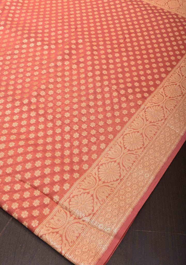 Salmon Pink Banarasi Georgette Silk Saree with Zari Buttis and Border | SILK MARK CERTIFIED
