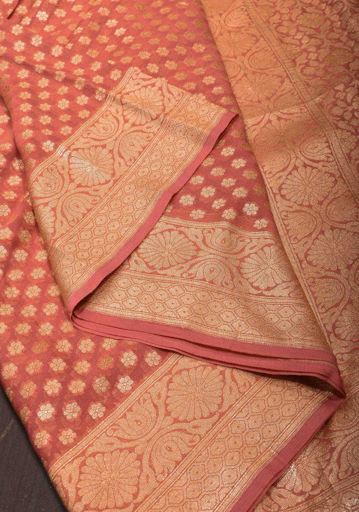 Salmon Pink Banarasi Georgette Silk Saree with Zari Buttis and Border | SILK MARK CERTIFIED