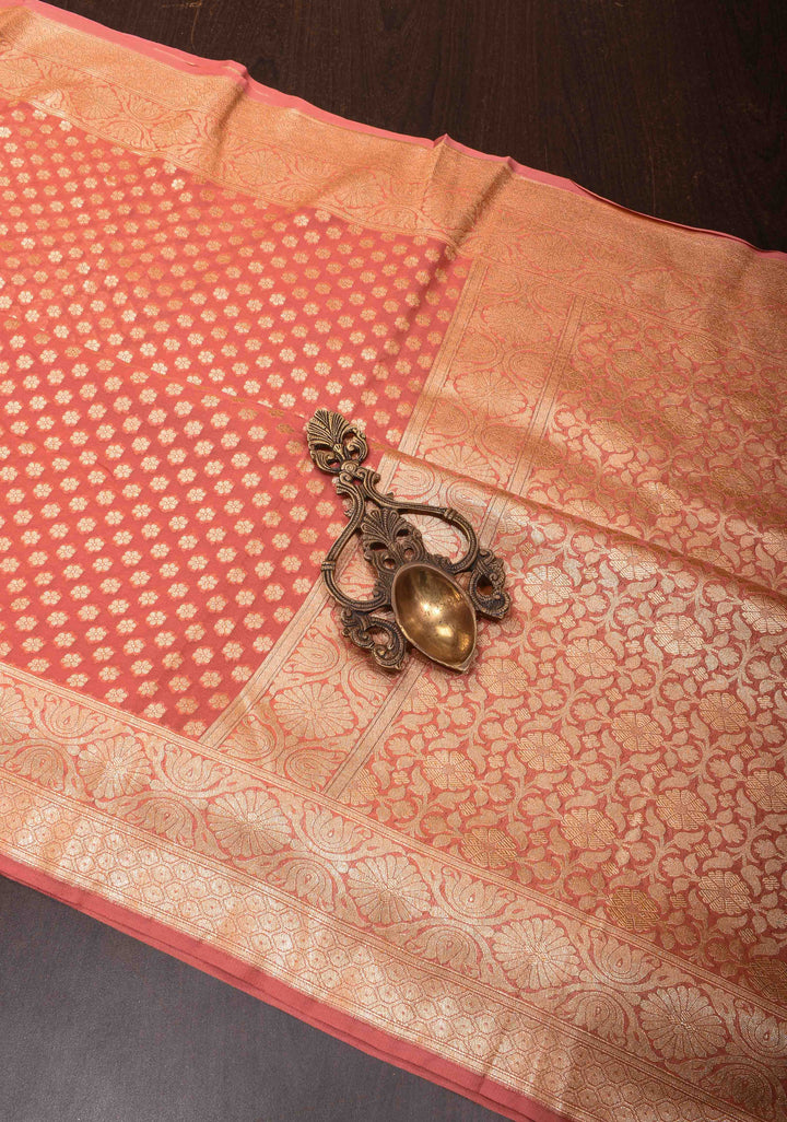 Salmon Pink Banarasi Georgette Silk Saree with Zari Buttis and Border | SILK MARK CERTIFIED