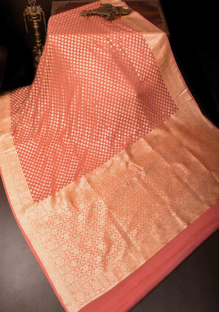 Salmon Pink Banarasi Georgette Silk Saree with Zari Buttis and Border | SILK MARK CERTIFIED