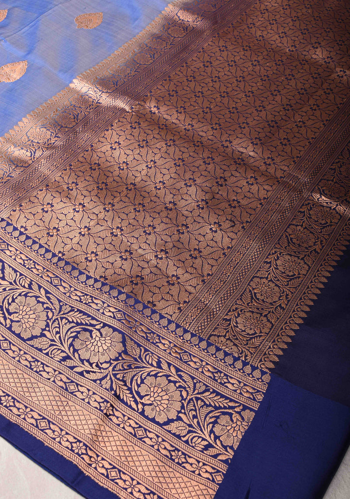 Chambray Blue Banarasi Katan Silk Saree with Damask Motifs and Zari Border | SILK MARK CERTIFIED