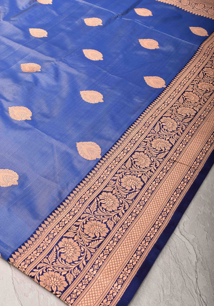 Chambray Blue Banarasi Katan Silk Saree with Damask Motifs and Zari Border | SILK MARK CERTIFIED