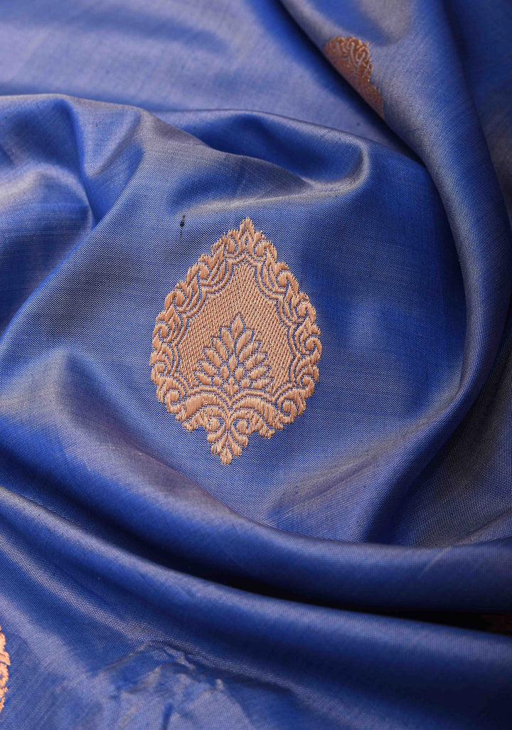 Chambray Blue Banarasi Katan Silk Saree with Damask Motifs and Zari Border | SILK MARK CERTIFIED