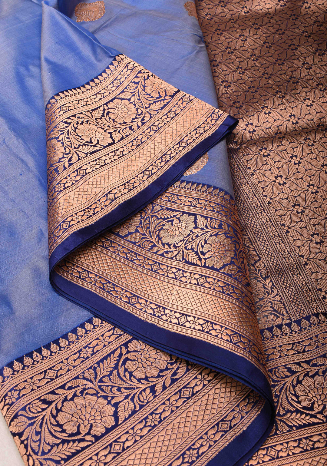 Chambray Blue Banarasi Katan Silk Saree with Damask Motifs and Zari Border | SILK MARK CERTIFIED