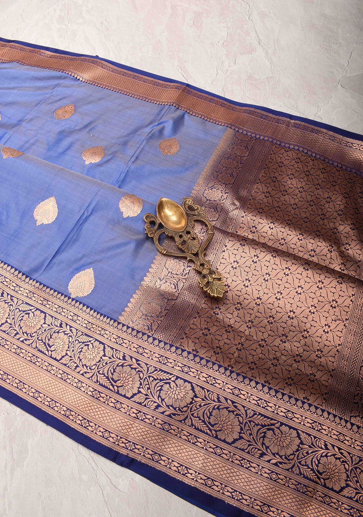 Chambray Blue Banarasi Katan Silk Saree with Damask Motifs and Zari Border | SILK MARK CERTIFIED