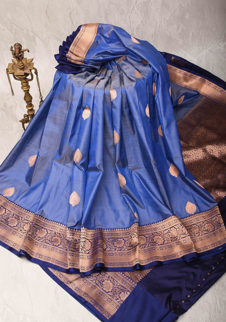 Chambray Blue Banarasi Katan Silk Saree with Damask Motifs and Zari Border | SILK MARK CERTIFIED