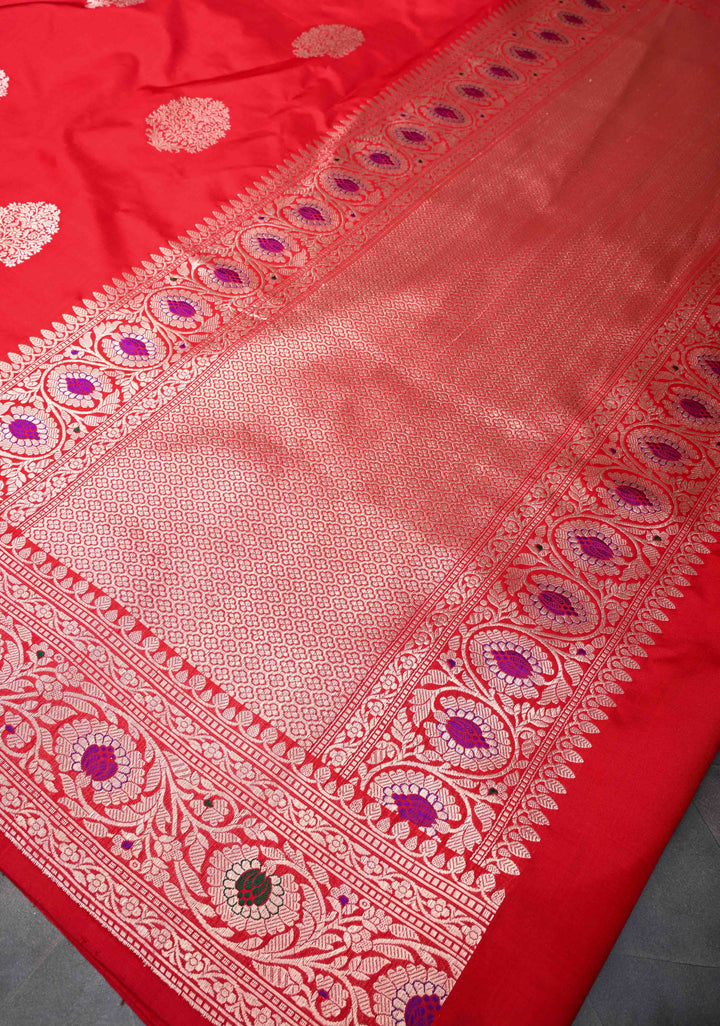 Red Banarasi Katan Silk Saree with Floral Butta and Meenakari Zari Border | SILK MARK CERTIFIED