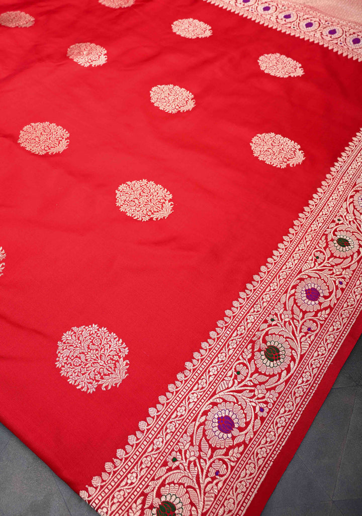 Red Banarasi Katan Silk Saree with Floral Butta and Meenakari Zari Border | SILK MARK CERTIFIED