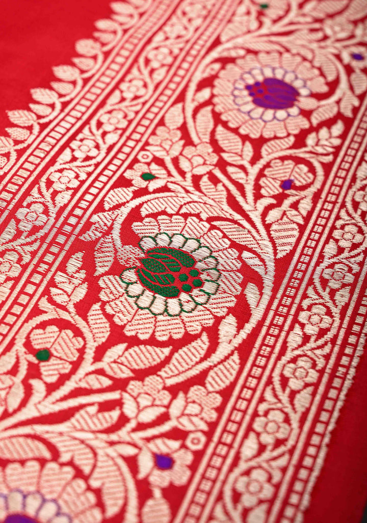 Red Banarasi Katan Silk Saree with Floral Butta and Meenakari Zari Border | SILK MARK CERTIFIED