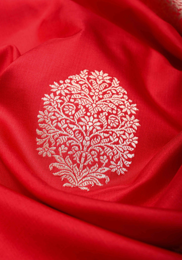Red Banarasi Katan Silk Saree with Floral Butta and Meenakari Zari Border | SILK MARK CERTIFIED