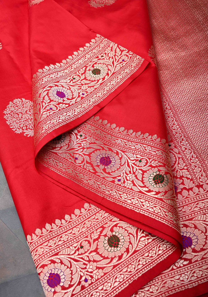 Red Banarasi Katan Silk Saree with Floral Butta and Meenakari Zari Border | SILK MARK CERTIFIED