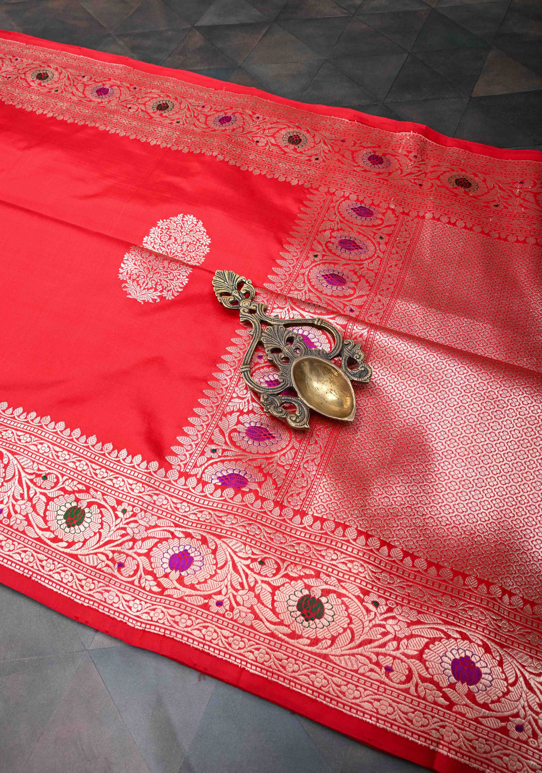 Red Banarasi Katan Silk Saree with Floral Butta and Meenakari Zari Border | SILK MARK CERTIFIED