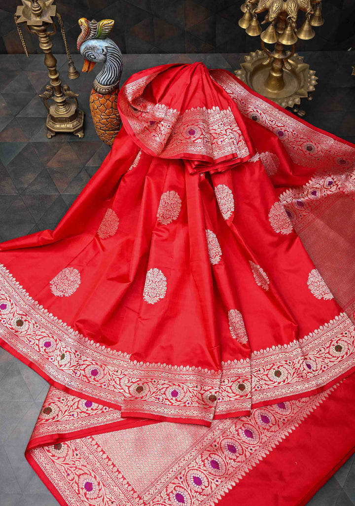 Red Banarasi Katan Silk Saree with Floral Butta and Meenakari Zari Border | SILK MARK CERTIFIED
