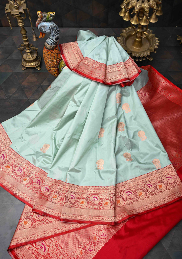 Tea Green Banarasi Katan Silk Saree with Floral Butta And  Meenakari  Border | SILK MARK CERTIFIED