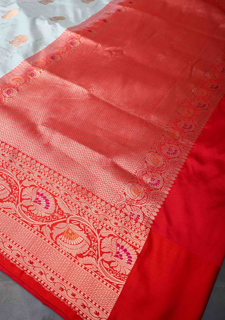 Tea Green Banarasi Katan Silk Saree with Floral Butta And  Meenakari  Border | SILK MARK CERTIFIED