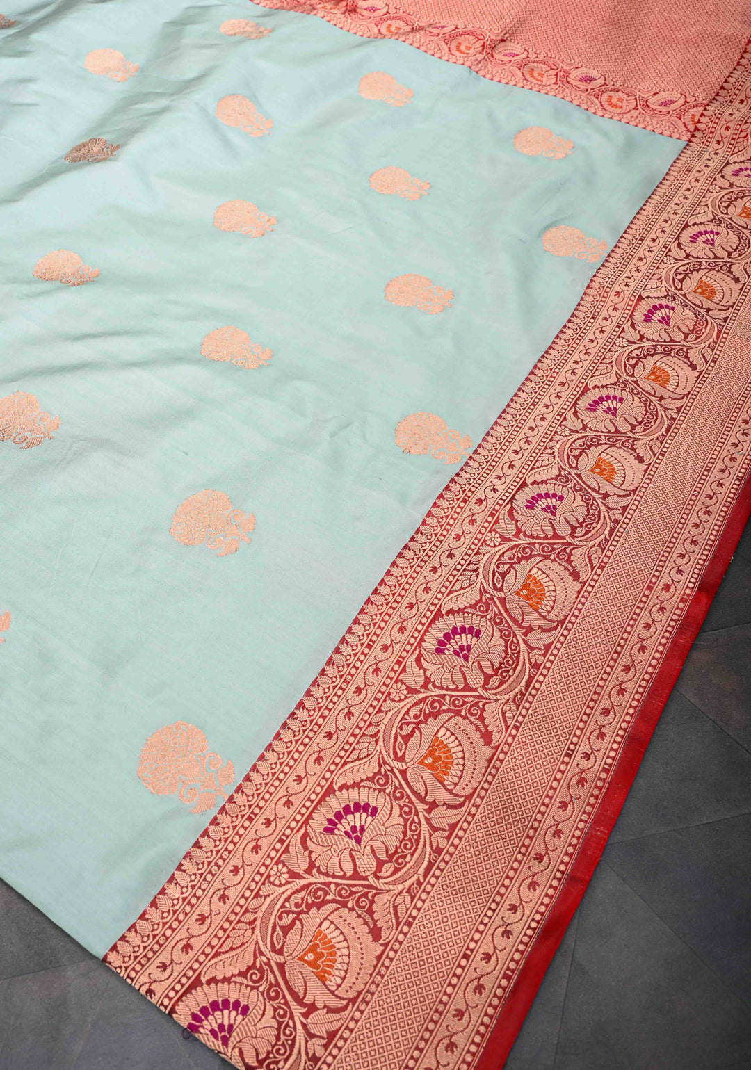Tea Green Banarasi Katan Silk Saree with Floral Butta And  Meenakari  Border | SILK MARK CERTIFIED