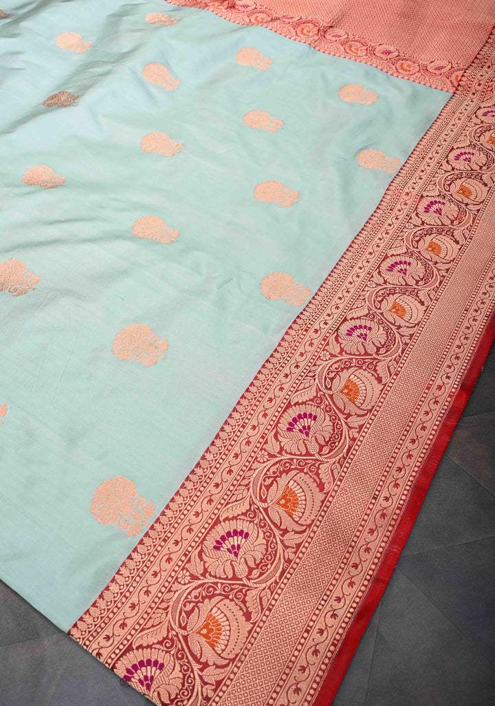 Tea Green Banarasi Katan Silk Saree with Floral Butta And  Meenakari  Border | SILK MARK CERTIFIED