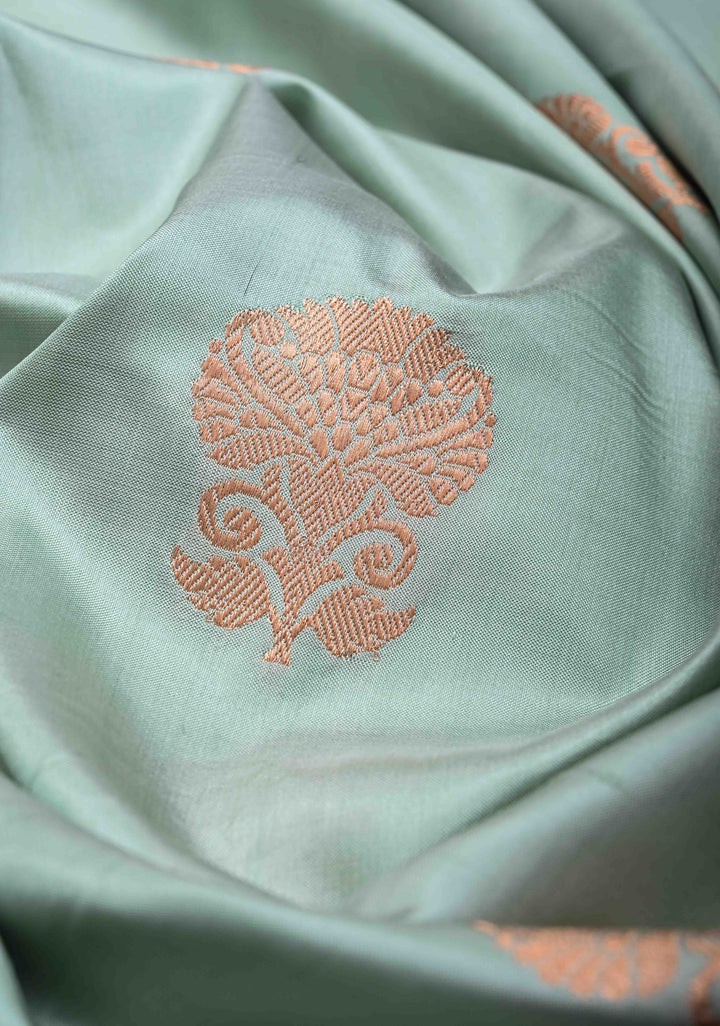 Tea Green Banarasi Katan Silk Saree with Floral Butta And  Meenakari  Border | SILK MARK CERTIFIED